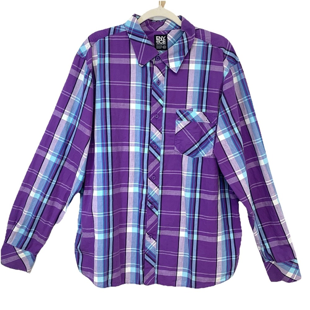 Enyce Purple Plaid Men's Long Sleeve Shirt 2XL 100% Cotton Button Front Casual